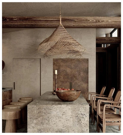 Kaizen Loom Pendant Light – Japandi LED Hanging Lamp | Wabi-Sabi Rattan-Style Ceiling Light for Calm Modern Interiors