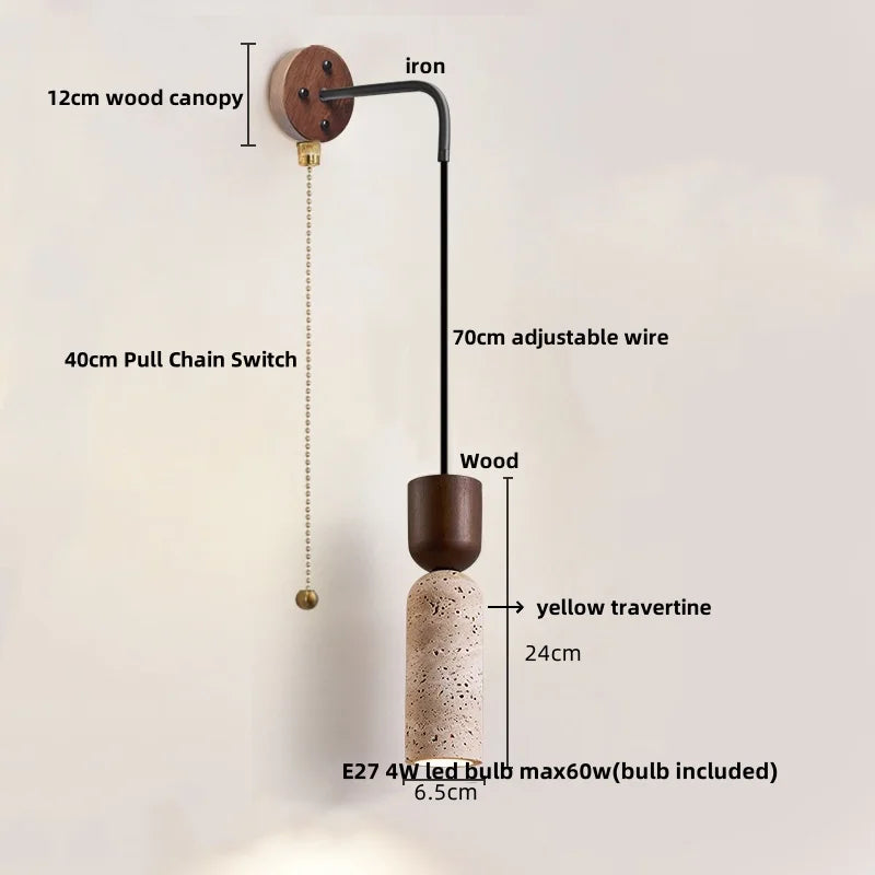 Travero Pull Wall Light – Travertine Stone & Wood LED Lamp | Scandinavian Ambient Lighting | Natural Interior Elegance