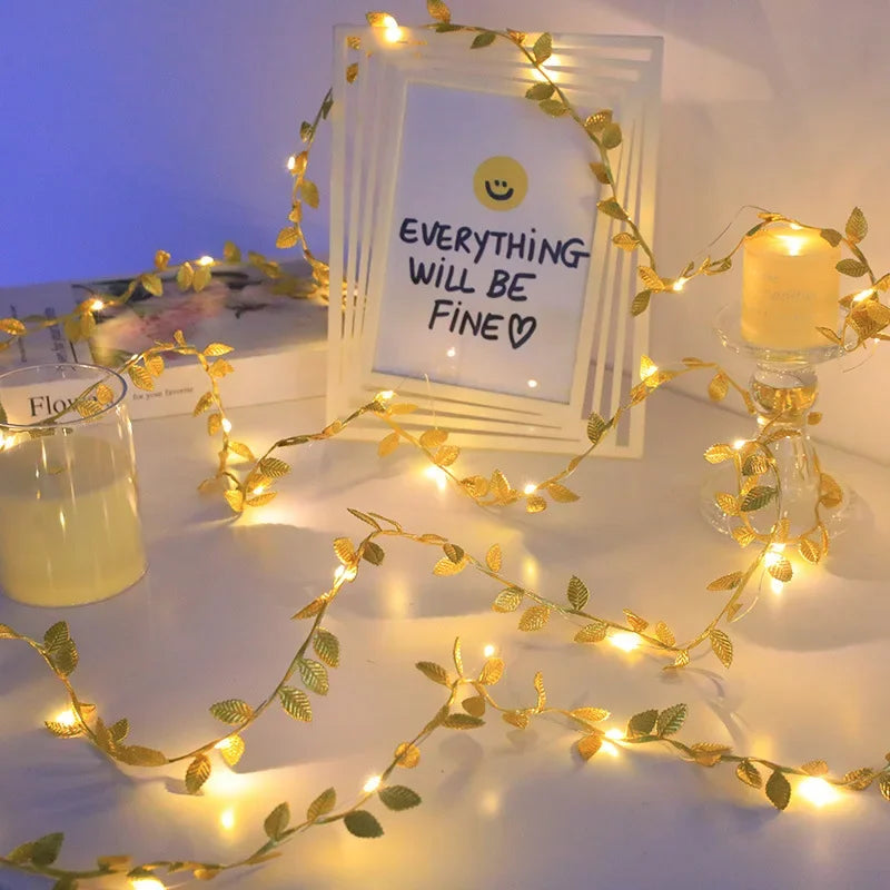 AureaLeaf LED Gold Leaf String Lights – Battery-Powered Decorative Fairy Lights for Home & Festive Celebrations