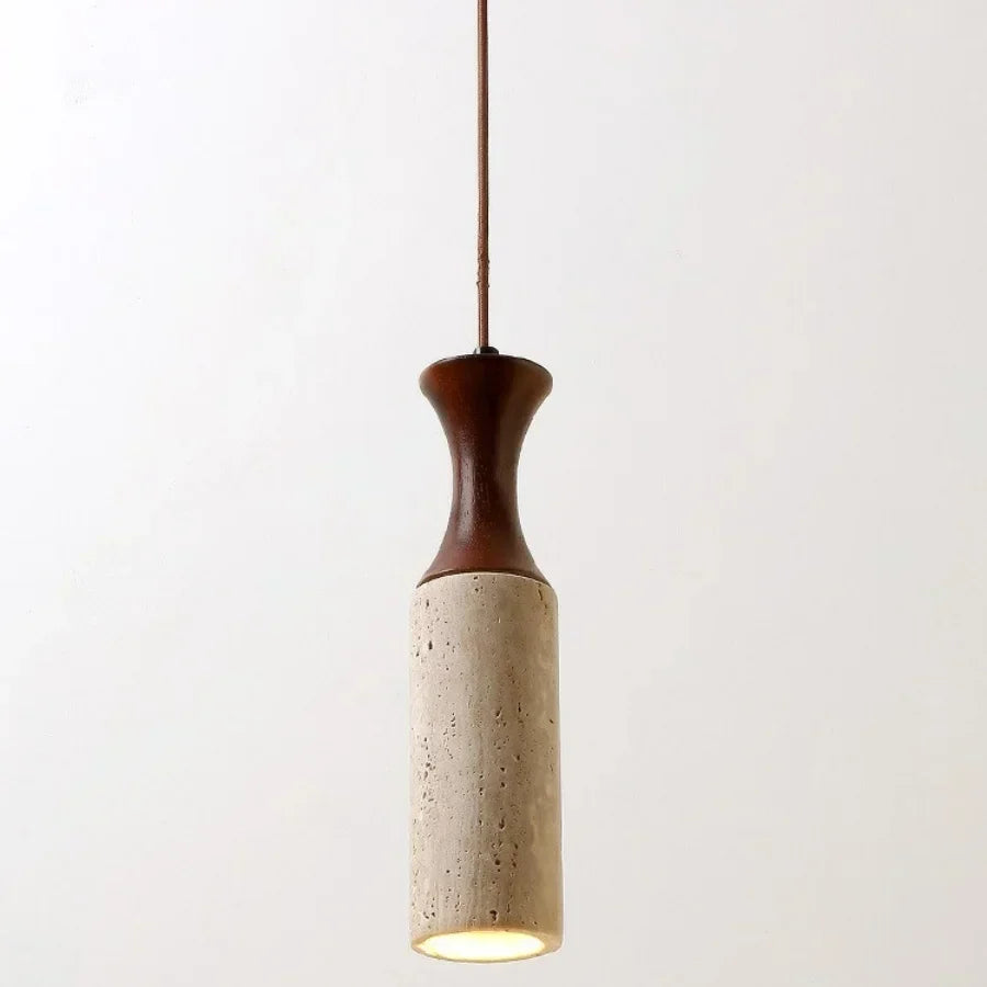 Wabiora Pendant Light – Travertine Stone & Wood Ceiling Lamp | Japandi Ambient Lighting | Natural Interior Harmony