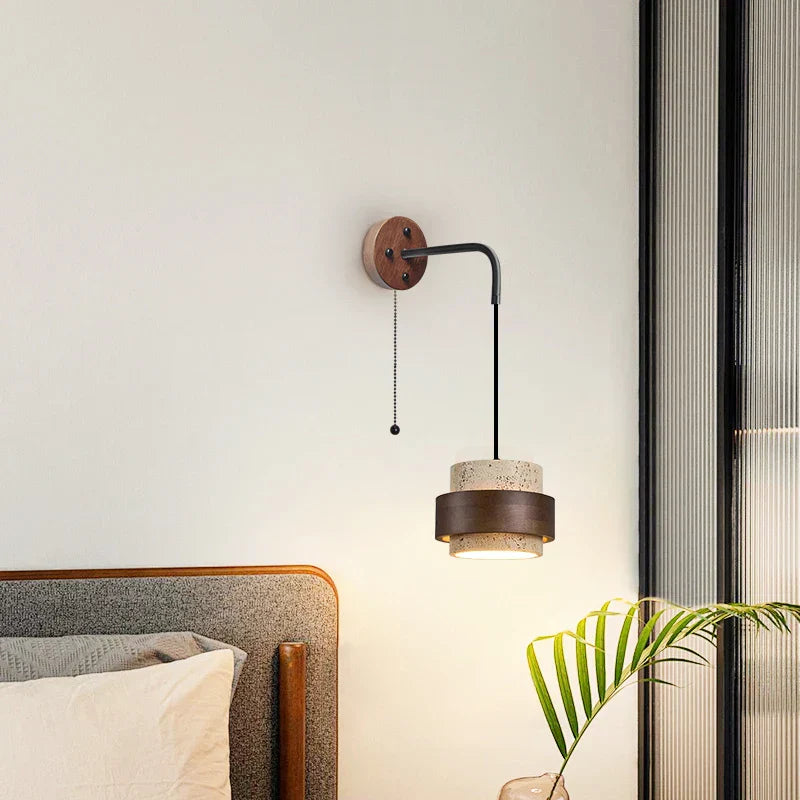 Travero Pull Wall Light – Travertine Stone & Wood LED Lamp | Scandinavian Ambient Lighting | Natural Interior Elegance