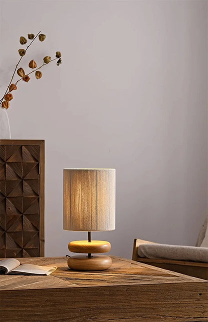 Japanese Wood Table Lamp with Jute Detail – Minimalist LED Bedside Light | Warm Zen Interior Lighting