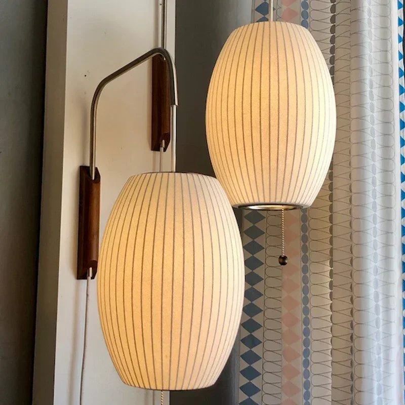 Japandi Silk Wall Light – Handwoven Fabric & Wood Wall Lamp | Soft Ambient Lighting | Contemporary Japanese-Inspired Design