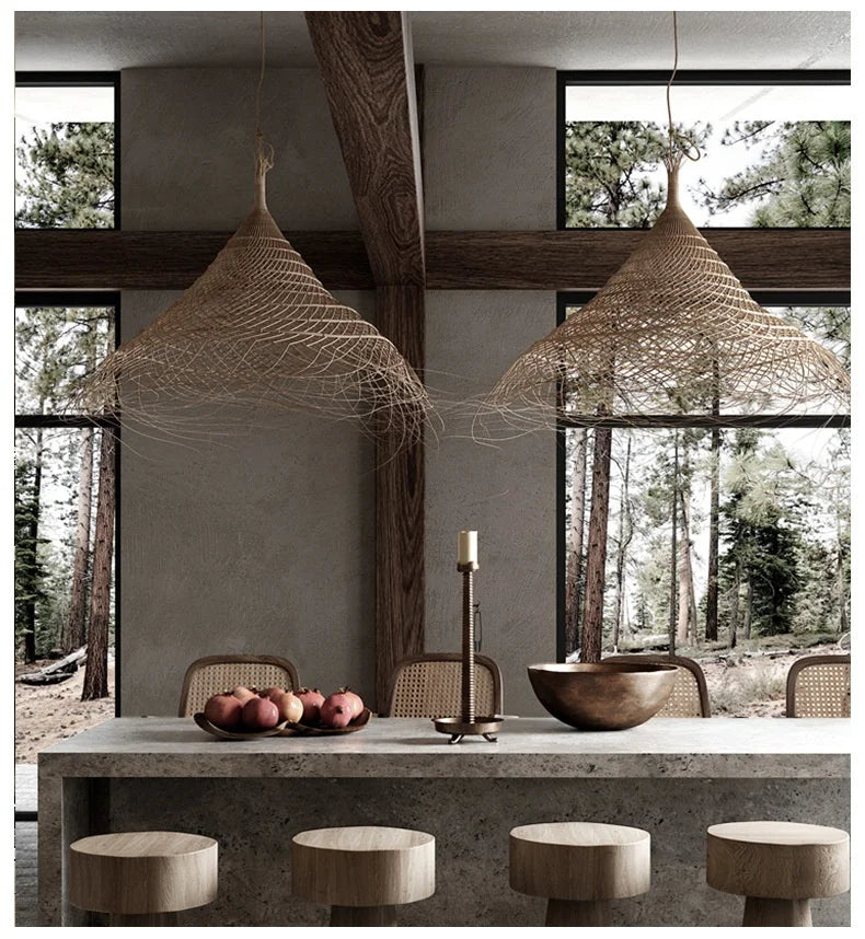 Kaizen Loom Pendant Light – Japandi LED Hanging Lamp | Wabi-Sabi Rattan-Style Ceiling Light for Calm Modern Interiors