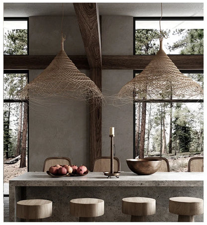 Kaizen Loom Pendant Light – Japandi LED Hanging Lamp | Wabi-Sabi Rattan-Style Ceiling Light for Calm Modern Interiors