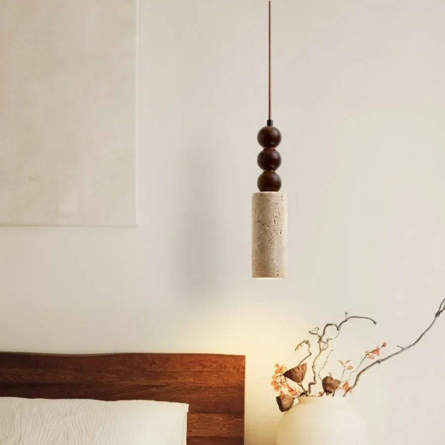 Wabiora Pendant Light – Travertine Stone & Wood Ceiling Lamp | Japandi Ambient Lighting | Natural Interior Harmony