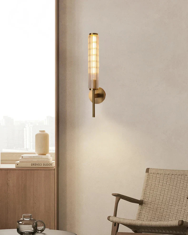 Modern Clear Glass Wall Light – Gold Brass E14 LED Wall Lamp for Bedrooms, Hallways & Bathrooms