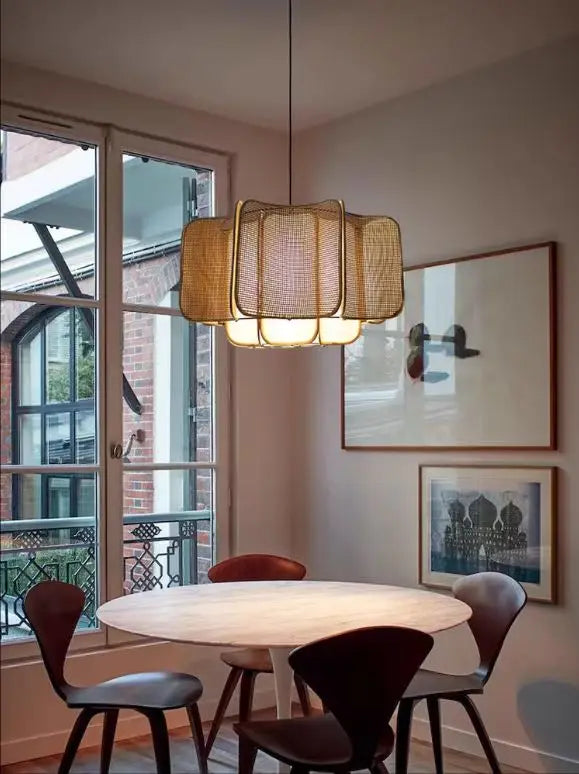 Wabi Sabi Rattan Pendant Light – Handwoven Bamboo Ceiling Lamp | Natural Ambient Lighting | Japandi Boho Interior Décor