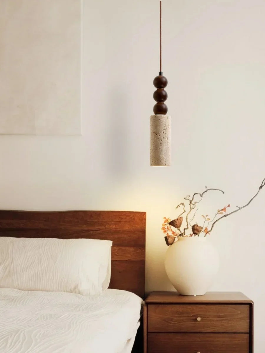 Wabiora Pendant Light – Travertine Stone & Wood Ceiling Lamp | Japandi Ambient Lighting | Natural Interior Harmony