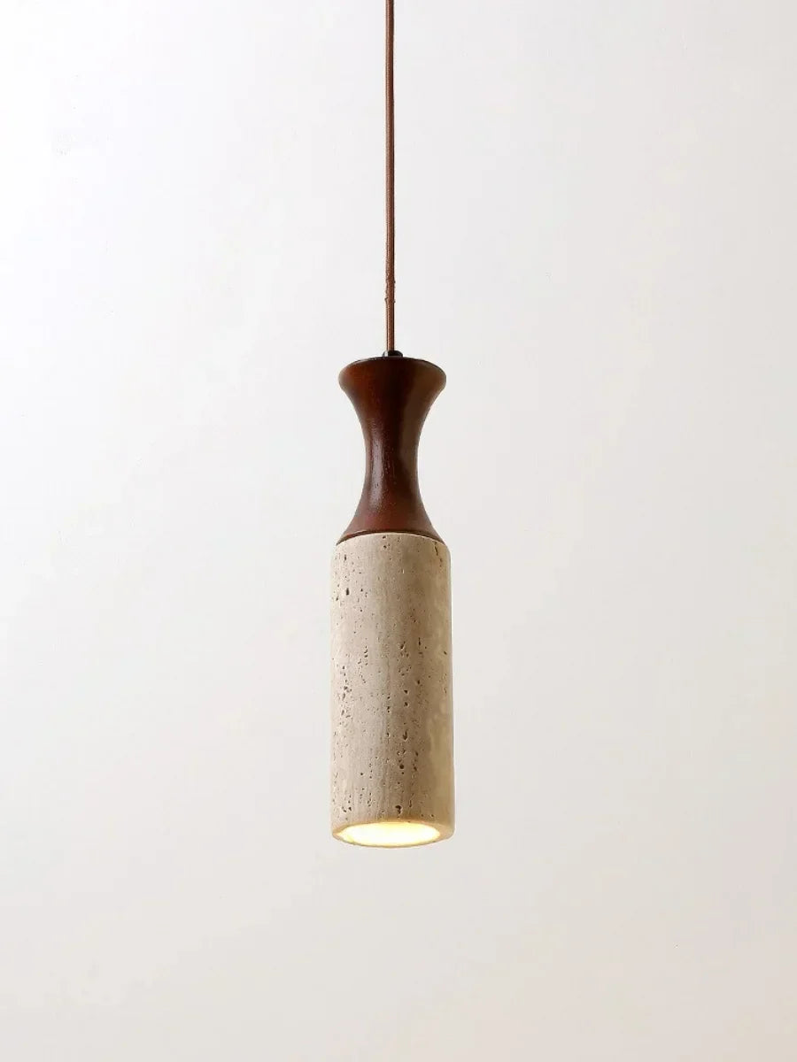 Wabiora Pendant Light – Travertine Stone & Wood Ceiling Lamp | Japandi Ambient Lighting | Natural Interior Harmony