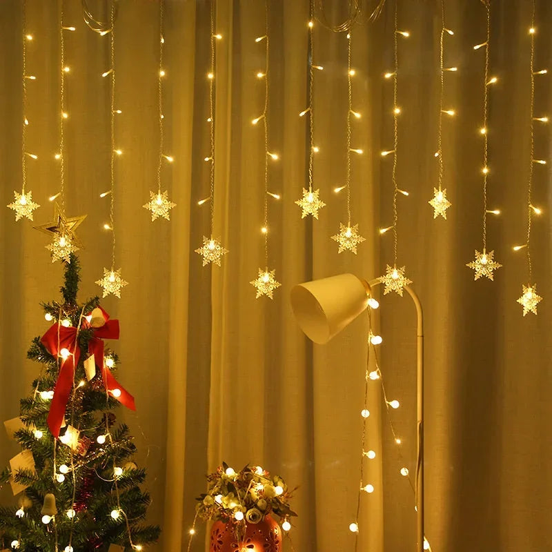 LumaSnow 4M LED Snowflake Curtain Lights – Christmas Icicle String Lights for Windows, Parties & Holiday Decorations