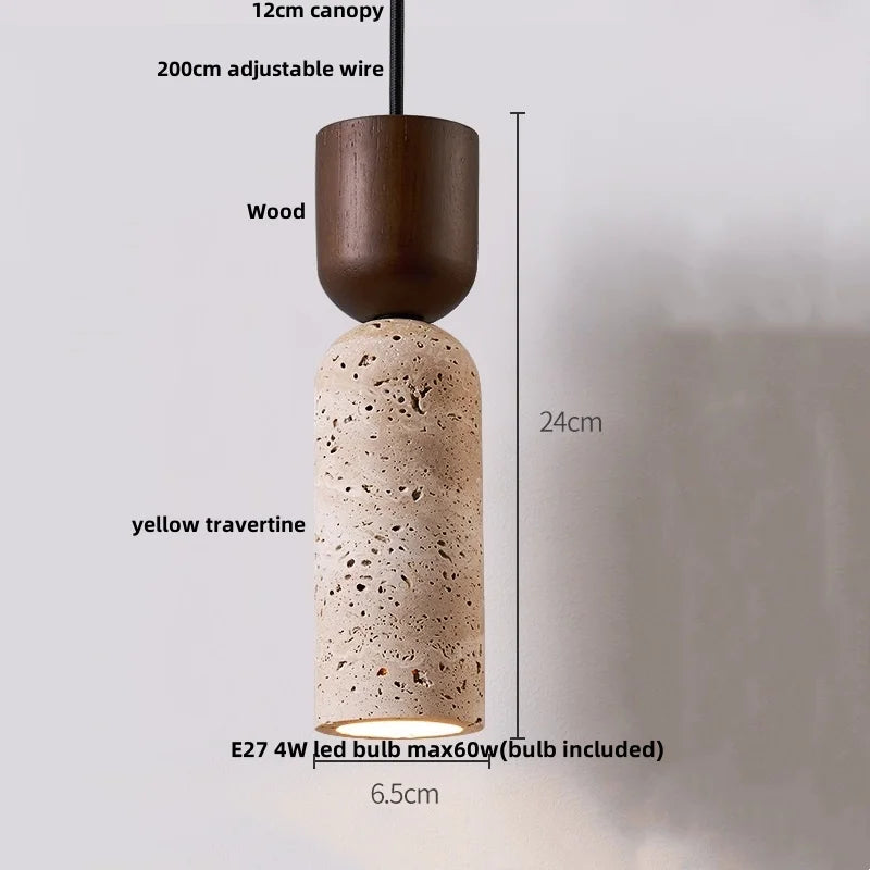Wabiora Pendant Light – Travertine Stone & Wood Ceiling Lamp | Japandi Ambient Lighting | Natural Interior Harmony