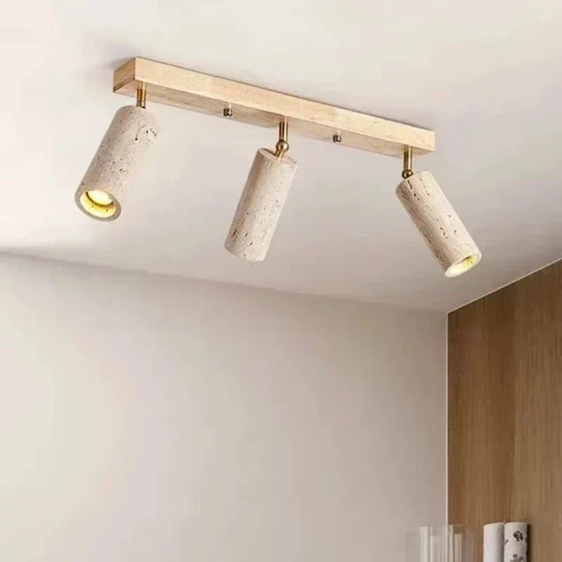 Travertine & Wood Ceiling Spotlight – Wabi-Sabi LED Flush Mount Light | Japandi Accent Interior Lighting
