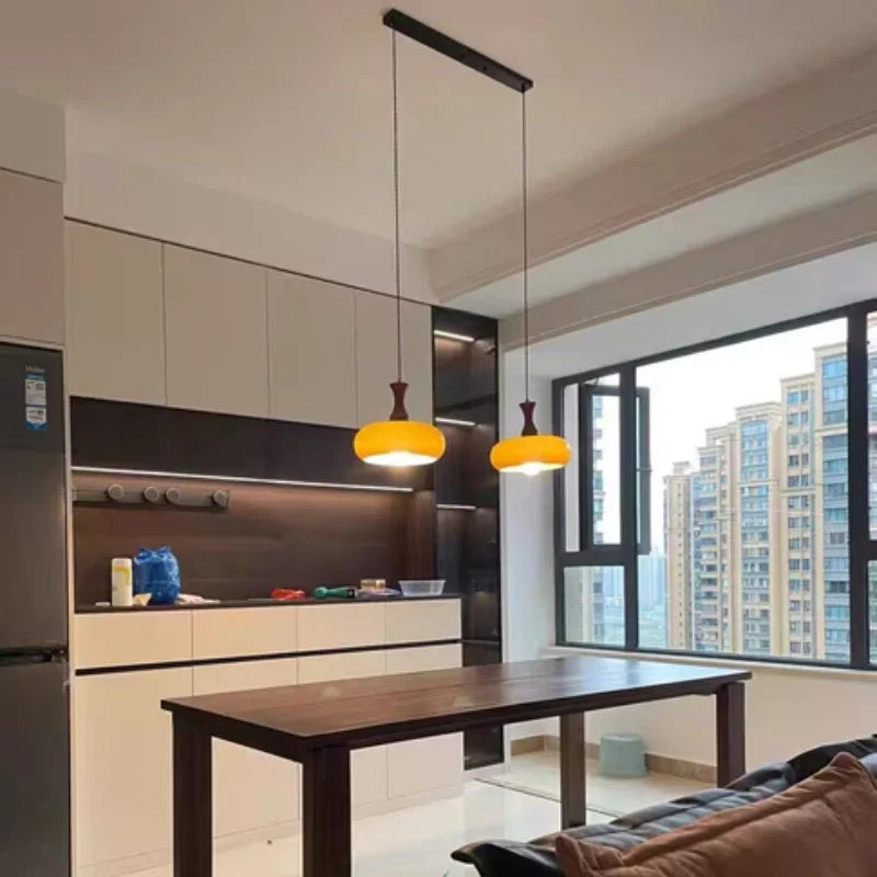 AmberGlow Vintage LED Pendant Lamp – Amber Glass & Wood Hanging Light with Adjustable 200 cm Cord