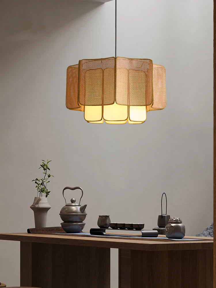Wabi Sabi Rattan Pendant Light – Handwoven Bamboo Ceiling Lamp | Natural Ambient Lighting | Japandi Boho Interior Décor