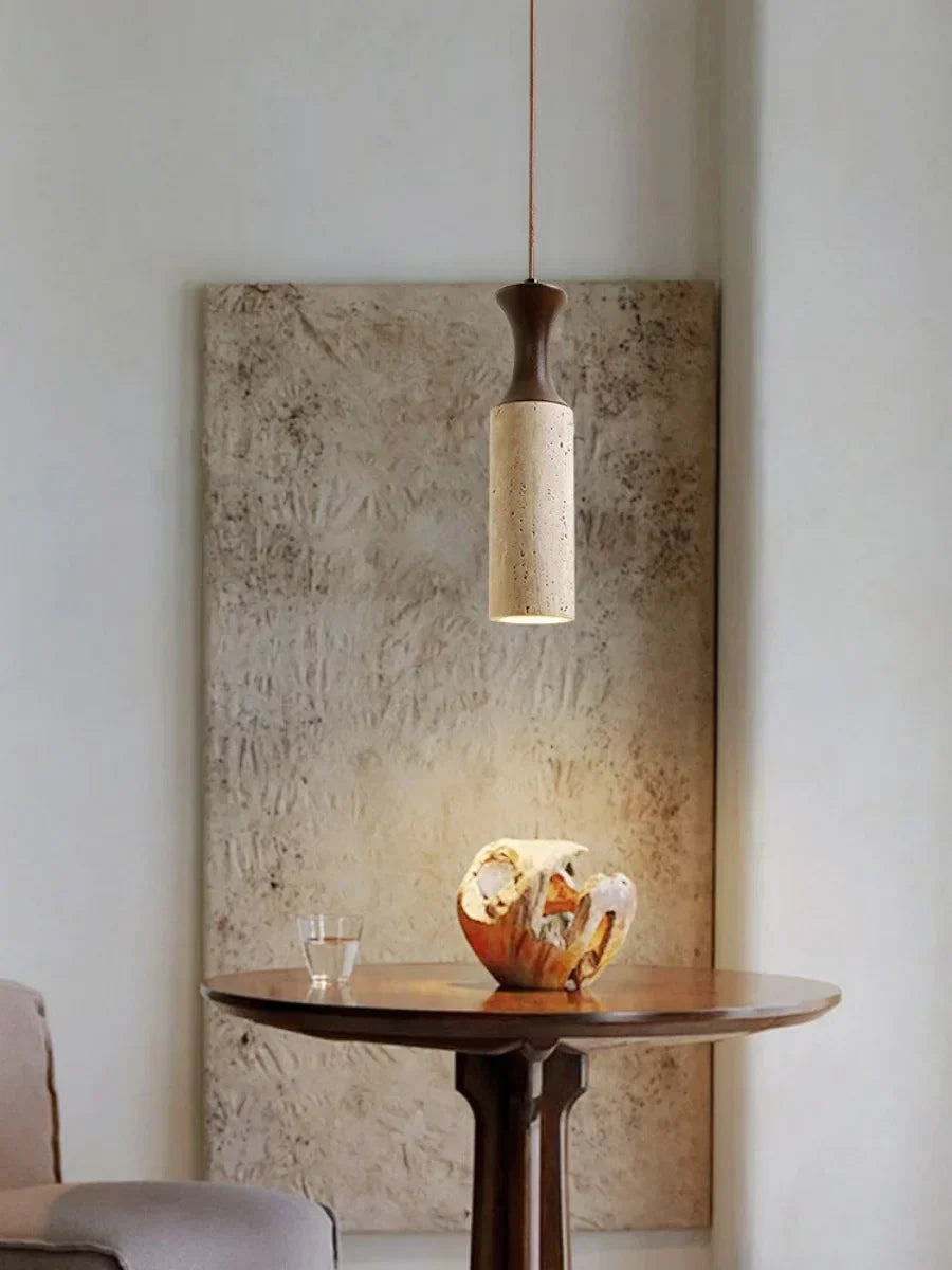 Wabiora Pendant Light – Travertine Stone & Wood Ceiling Lamp | Japandi Ambient Lighting | Natural Interior Harmony