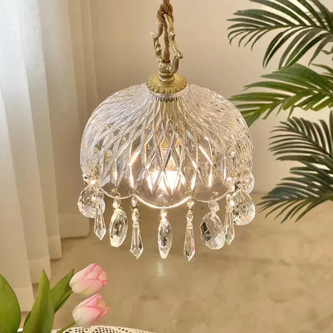 French Crystal Glass Pendant Light – Luxury Gold LED Chandelier | Elegant Ambient Lighting | Vintage-Inspired Statement Piece