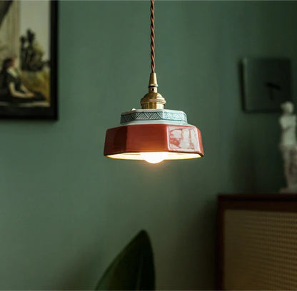 Dark Green Ceramic Pendant Light with Copper Finish – Retro Nordic Ceiling Lamp | Elegant Ambient Lighting