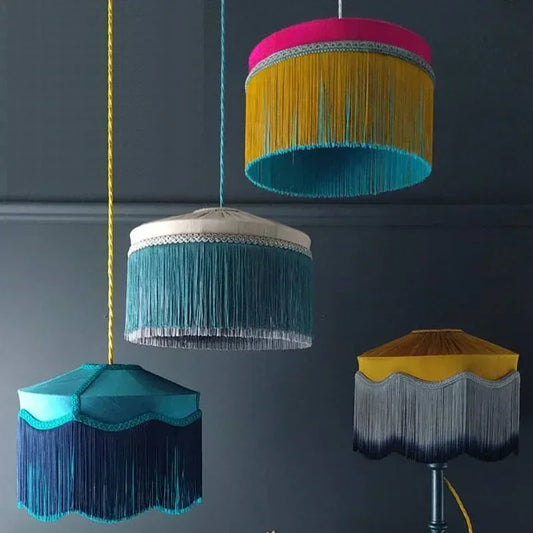 French Vintage Fabric Pendant Light with Tassel Shade – Elegant Boho Chandelier | Warm Ambient Lighting