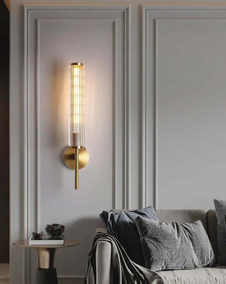 Modern Clear Glass Wall Light – Gold Brass E14 LED Wall Lamp for Bedrooms, Hallways & Bathrooms