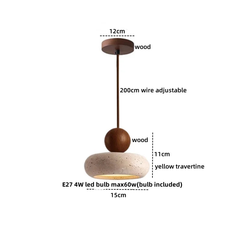 Wabiora Pendant Light – Travertine Stone & Wood Ceiling Lamp | Japandi Ambient Lighting | Natural Interior Harmony