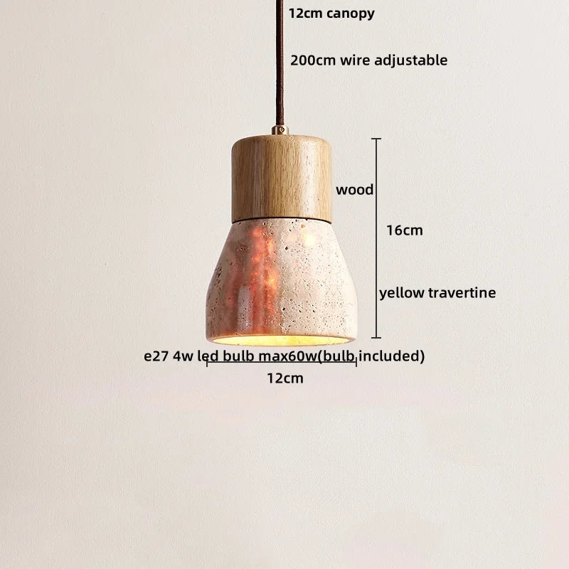 Wabiora Pendant Light – Travertine Stone & Wood Ceiling Lamp | Japandi Ambient Lighting | Natural Interior Harmony