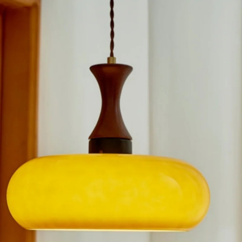 AmberGlow Vintage LED Pendant Lamp – Amber Glass & Wood Hanging Light with Adjustable 200 cm Cord