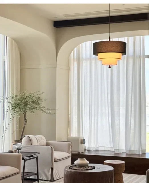 Boho Fabric Pendant Light – Wooden Ceiling Lamp | Warm Ambient Lighting | Rustic Modern Interior Décor