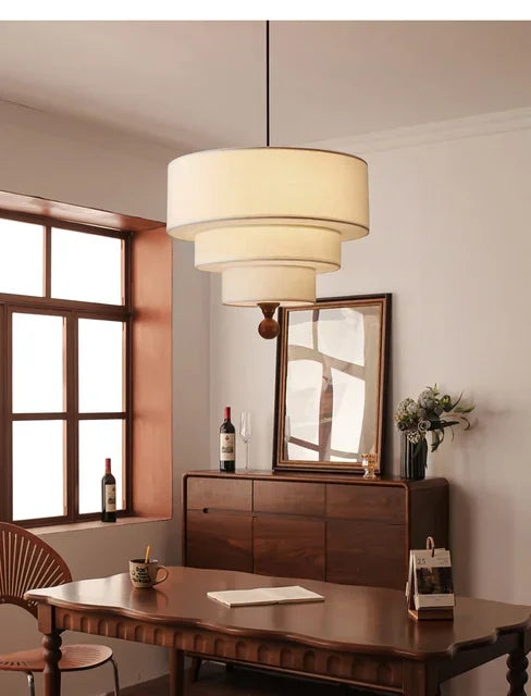 Boho Fabric Pendant Light – Wooden Ceiling Lamp | Warm Ambient Lighting | Rustic Modern Interior Décor