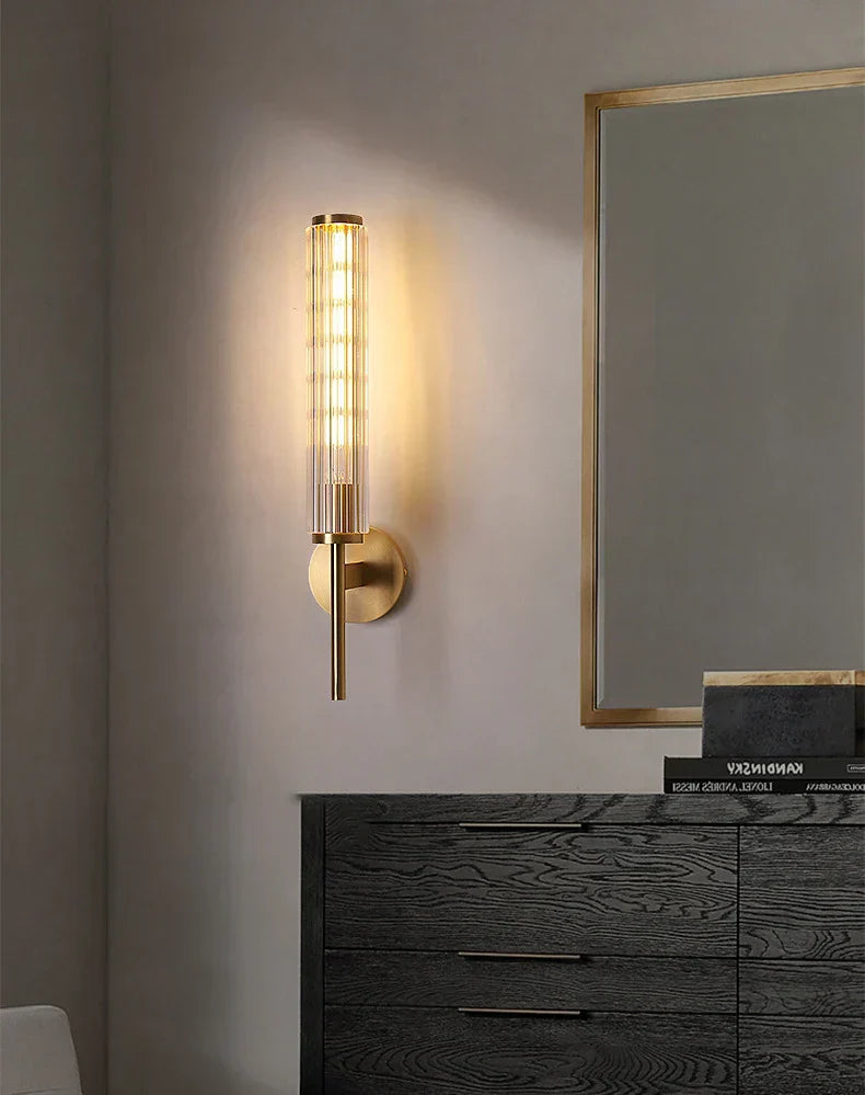 Modern Clear Glass Wall Light – Gold Brass E14 LED Wall Lamp for Bedrooms, Hallways & Bathrooms