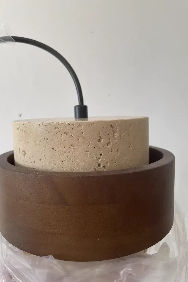Travero Pull Wall Light – Travertine Stone & Wood LED Lamp | Scandinavian Ambient Lighting | Natural Interior Elegance