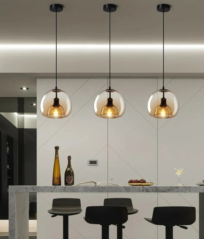 Amber Glass Pendant Light – Modern E27 Ceiling Lamp | Warm Ambient Lighting | Elegant Contemporary Interior Feature