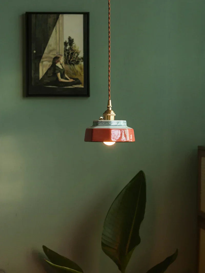 Dark Green Ceramic Pendant Light with Copper Finish – Retro Nordic Ceiling Lamp | Elegant Ambient Lighting