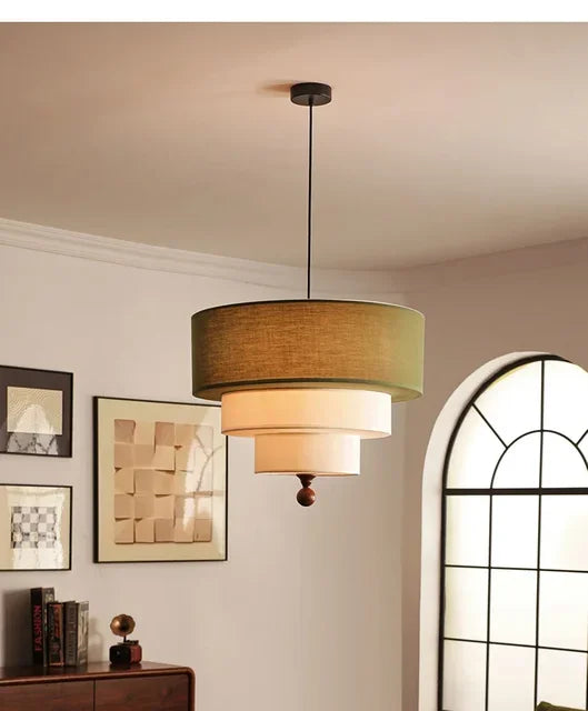Boho Fabric Pendant Light – Wooden Ceiling Lamp | Warm Ambient Lighting | Rustic Modern Interior Décor