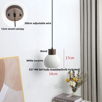 Ceramic & Wood Pendant Light – Modern Nordic LED Hanging Lamp | Natural Contemporary Lighting