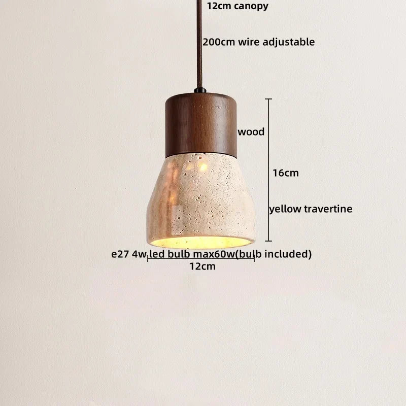 Wabiora Pendant Light – Travertine Stone & Wood Ceiling Lamp | Japandi Ambient Lighting | Natural Interior Harmony