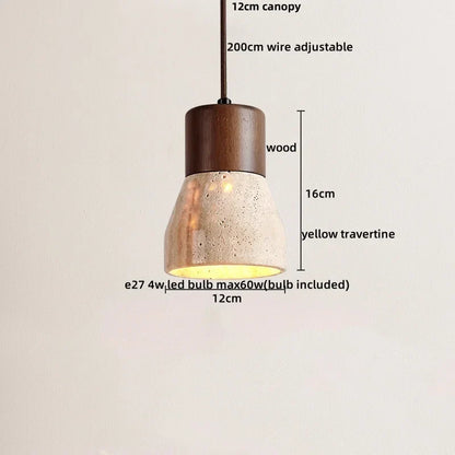Wabiora Pendant Light – Travertine Stone & Wood Ceiling Lamp | Japandi Ambient Lighting | Natural Interior Harmony