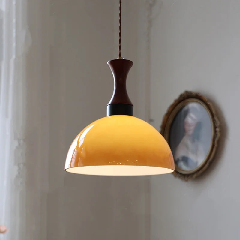 AmberGlow Vintage LED Pendant Lamp – Amber Glass & Wood Hanging Light with Adjustable 200 cm Cord