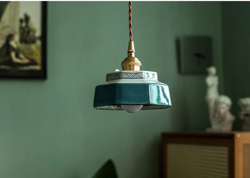 Dark Green Ceramic Pendant Light with Copper Finish – Retro Nordic Ceiling Lamp | Elegant Ambient Lighting
