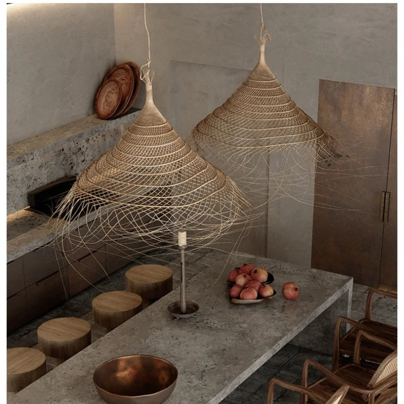 Kaizen Loom Pendant Light – Japandi LED Hanging Lamp | Wabi-Sabi Rattan-Style Ceiling Light for Calm Modern Interiors