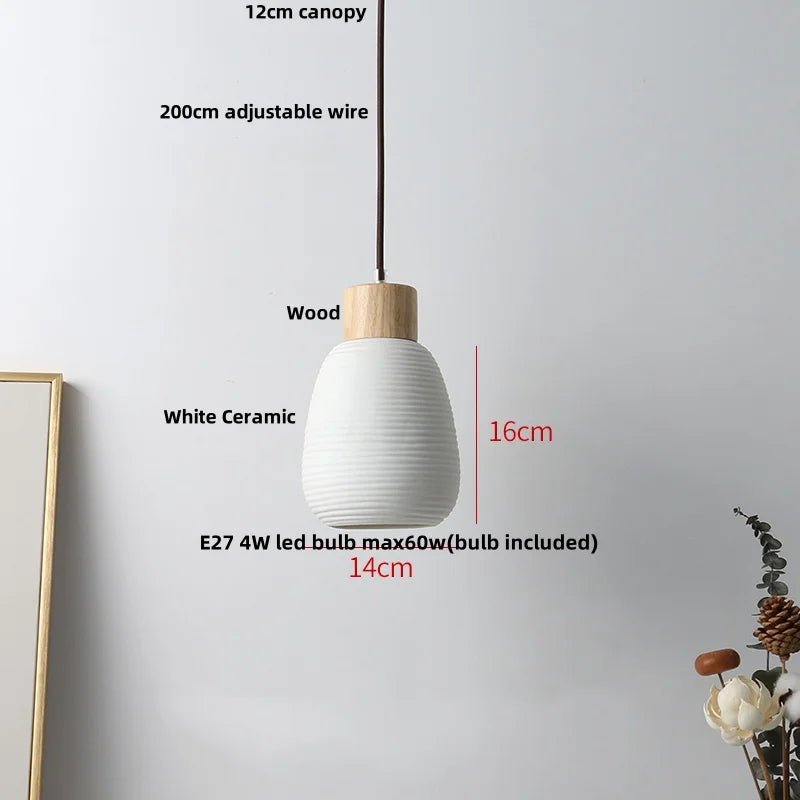 Ceramic & Wood Pendant Light – Modern Nordic LED Hanging Lamp | Natural Contemporary Lighting