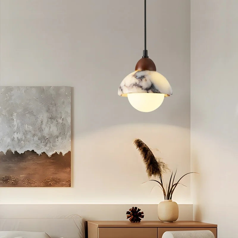 Marbelle Globe Pendant Light – Marble & Glass Ceiling Lamp | Japandi Ambient Lighting | Timeless Interior Elegance