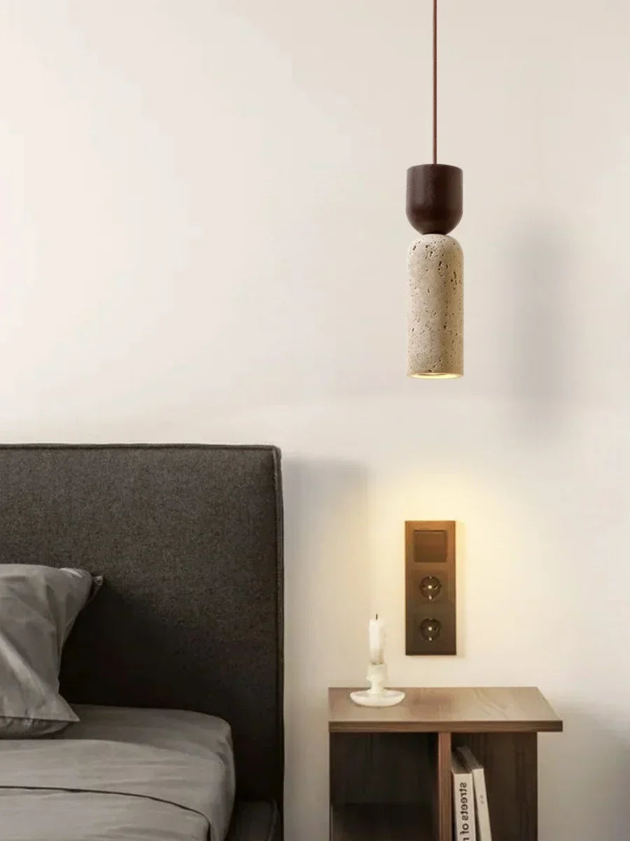 Wabiora Pendant Light – Travertine Stone & Wood Ceiling Lamp | Japandi Ambient Lighting | Natural Interior Harmony