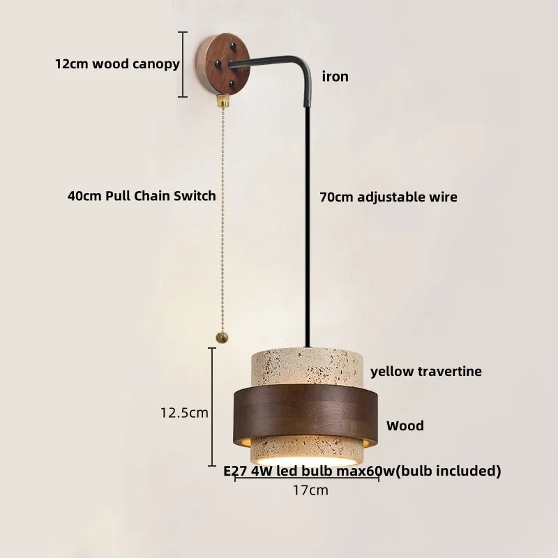 Travero Pull Wall Light – Travertine Stone & Wood LED Lamp | Scandinavian Ambient Lighting | Natural Interior Elegance