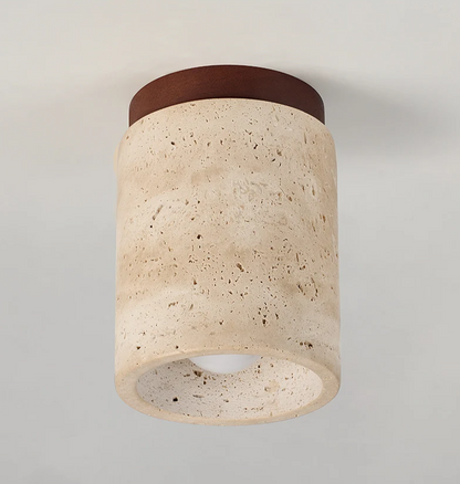 Travertine & Walnut Ceiling Light – Wabi-Sabi Japandi Flush Mount Lamp | Natural Ambient Interior Lighting