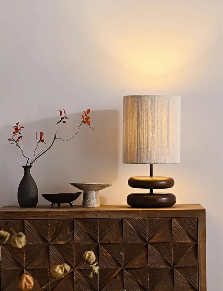Japanese Wood Table Lamp with Jute Detail – Minimalist LED Bedside Light | Warm Zen Interior Lighting