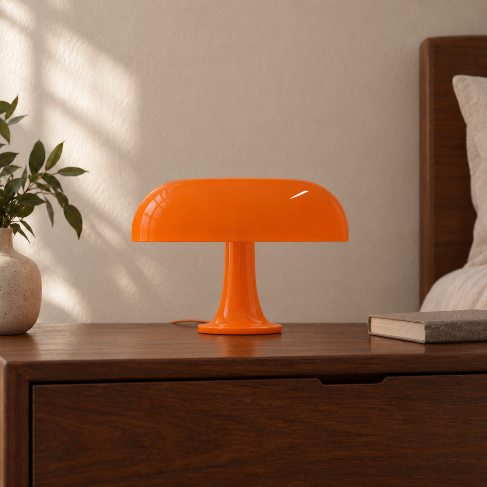 Orange Mushroom LED Table Lamp switched off — digitally edited atmosphere preview