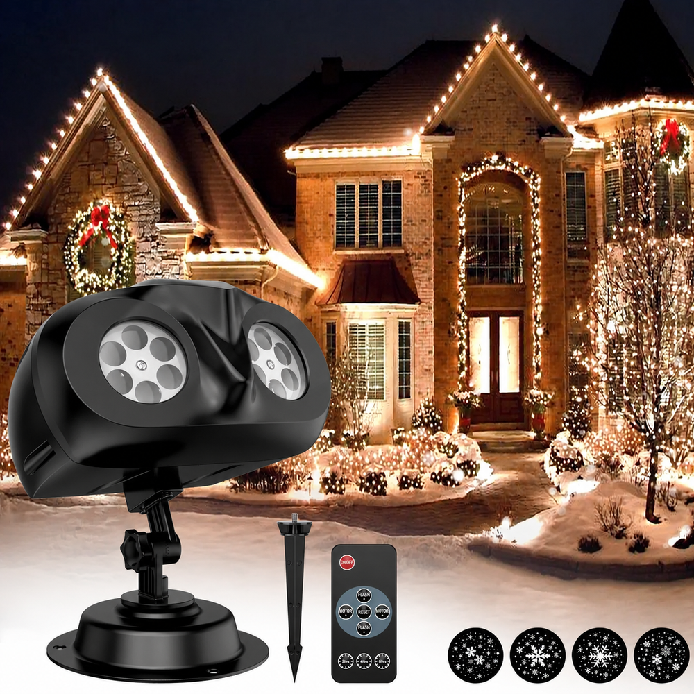 SNOWGLOW LED Snowfall Projector – Dual Head Outdoor Light Projector | Waterproof Christmas Snow Effect with Remote Control — light off, digitally edited atmosphere preview
