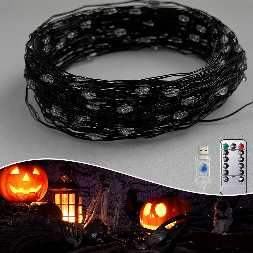 GLOWSPELL LED String Lights – Purple & Orange Halloween Fairy Lights | USB Powered with Remote Control — light off, digitally edited atmosphere preview