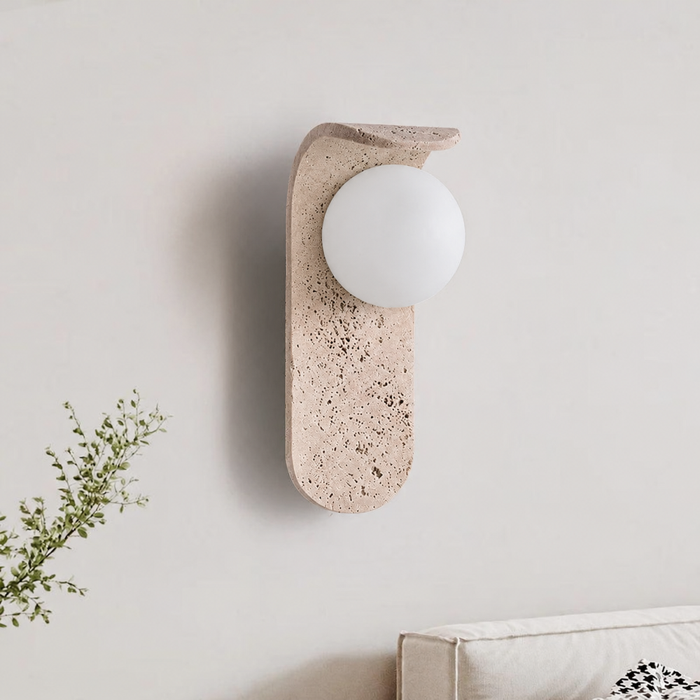 Cavora Stone Wall Light – Scandinavian Glass & Natural Stone Sconce | Up & Down Ambient Lighting | Contemporary Interior Design — light off, digitally edited atmosphere preview